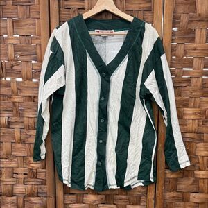 Vintage Jordache Green and White Striped Button-Up Cardigan
